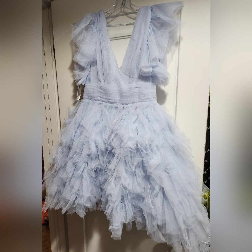 Mac Duggal Powder Blue Tulle Ruffled Mini Dress